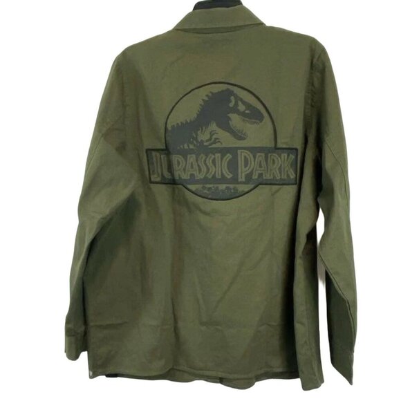 Jurassic Park World Khaki Button-up Top w Dinosaur Skulls, Cosplay Unisex Retro - Picture 2 of 9